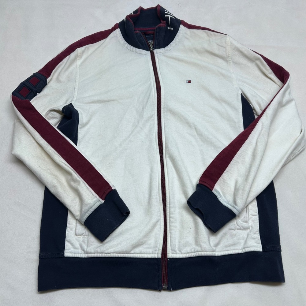 Tommy Hilfiger Mens Colorblock Sweatshirt Zipup White Navy Burgundy Small